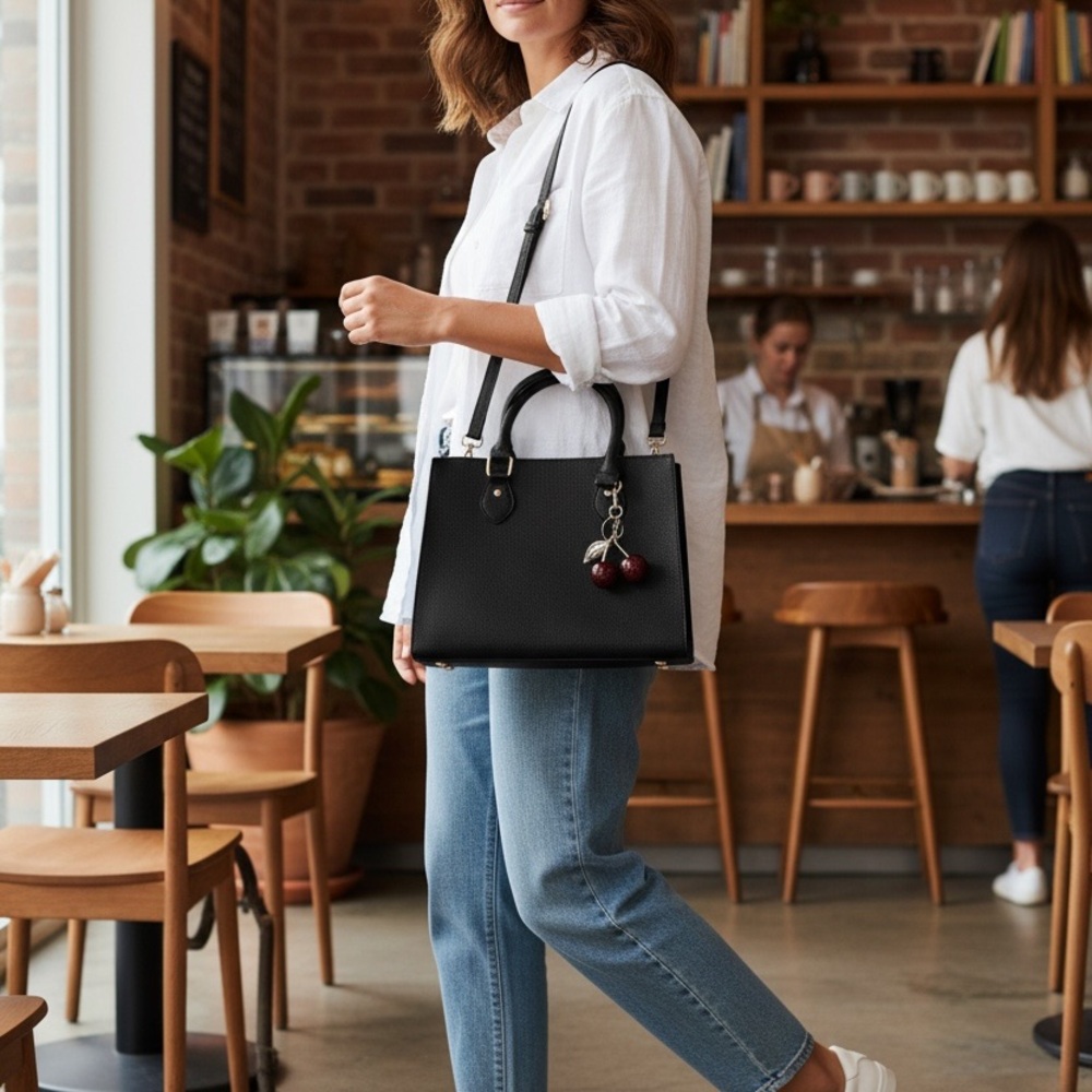 Elegant Black Handbag with Cherry Charm-Vegan Leather - Picture 2 of 10